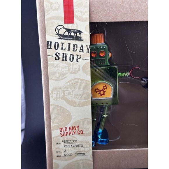 Old Navy Box of Robot Christmas Ornaments Red Green Spring Arms Dangling Legs - Picture 16 of 16